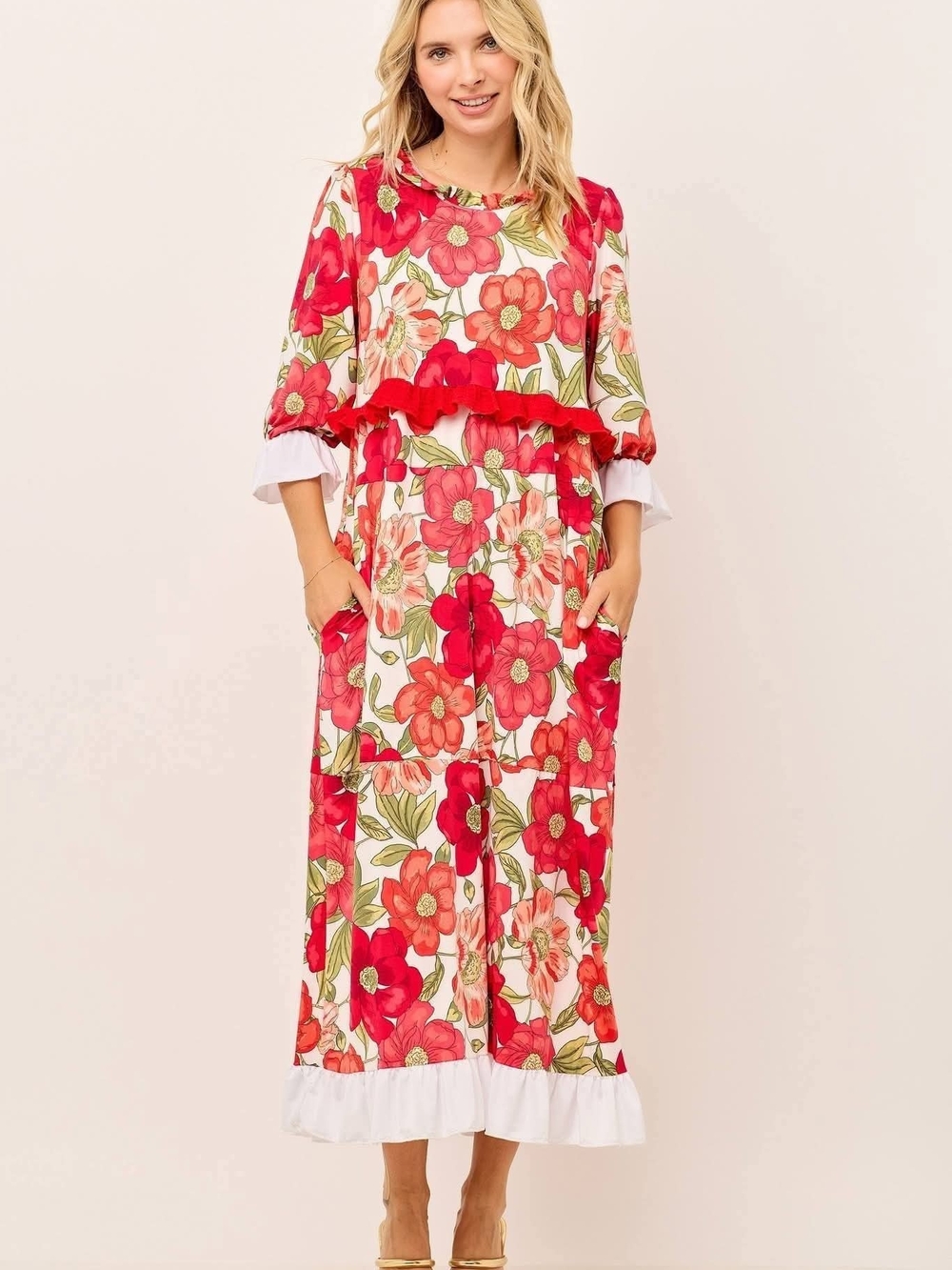 Celeste Red & Cream Floral Maxi Dress with Ruffle Accents